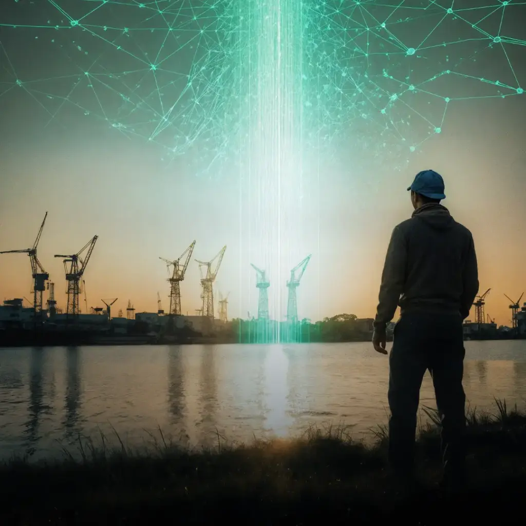Silhouette einer Person mit Cappy am Ufer, die bei Sonnenuntergang auf einen Hafen mit Kränen blickt, über dem ein leuchtender türkisfarbener Datenstrahl und ein vernetztes Muster aus dem Himmel herabziehen.