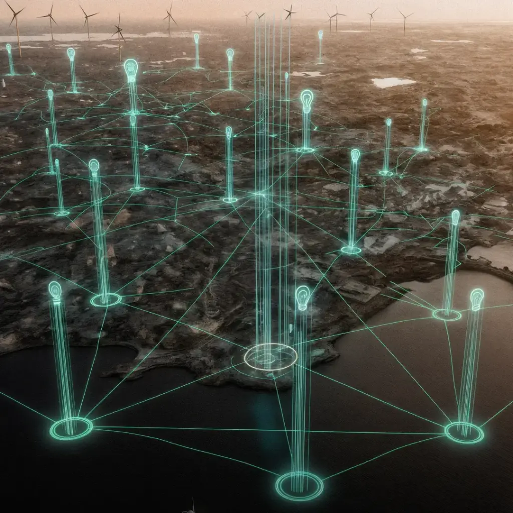 Futuristische Küstenlandschaft mit holographisch-türkisfarbenen Netzwerksäulen, die als Lichtstützen mit Glühbirnen-Symbolen über Wasser und kargem Gelände aufsteigen und durch leuchtende Verbindungslinien verknüpft sind, im Hintergrund Windkraftanlagen am Horizont.