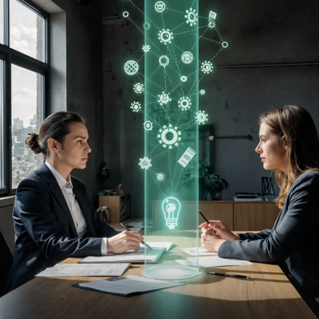 Zwei in Anzügen gekleidete Geschäftsfrauen sitzen sich an einem Konferenztisch in einem Büro gegenüber, zwischen ihnen eine leuchtend-grüne holografische Säule mit einer Glühbirne und vernetzten Zahnrad- und Icon‑Symbolen, auf dem Tisch Papiere und Stifte und im Hintergrund ein Fenster mit Stadtblick.